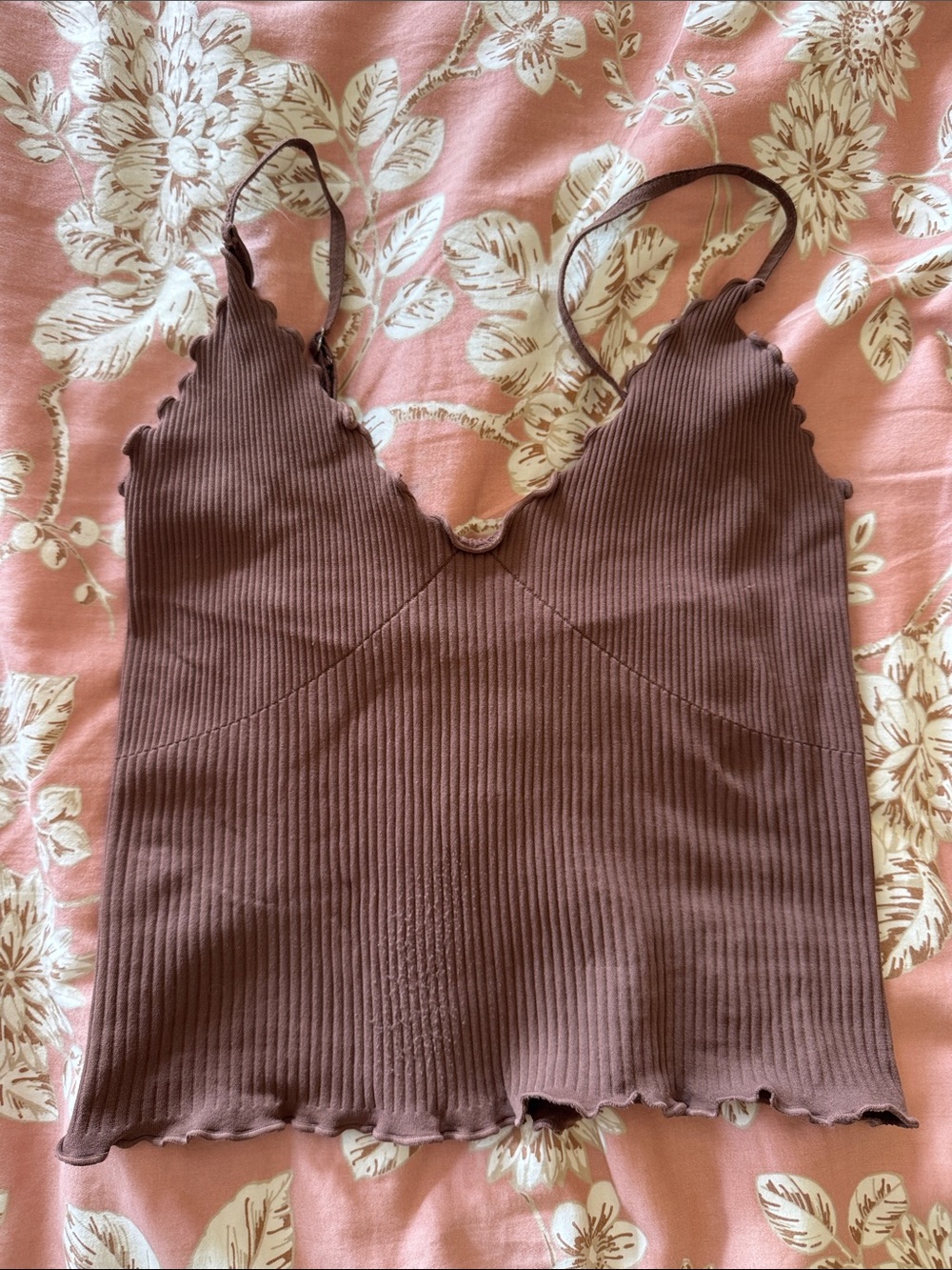 Free People Ribbed Scalloped Trim Cami Tank Top - Brown